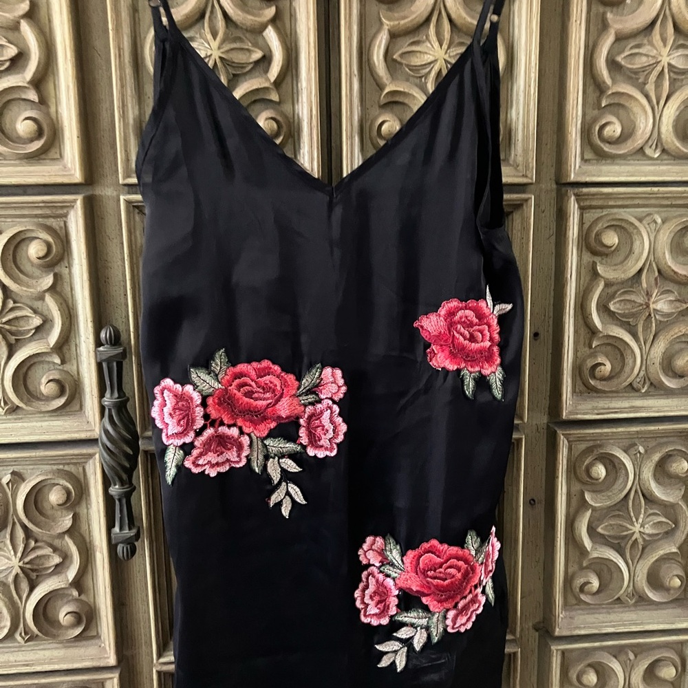 Black Satin Slip Dress with Pink Rose Embroidery
